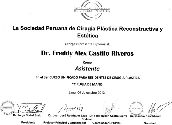 Certificado de asistente en curso para residente de cirugía plástica del Dr Freddy Castillo