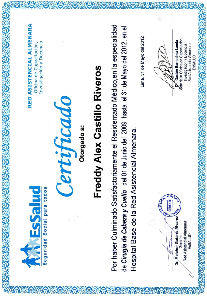 Certificación de especialidad en cirugía de cabeza y cuello del Dr Freddy Castillo