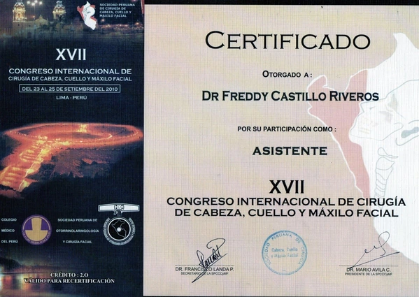 Certificado de congreso internacional de cirugía de cabeza cuello y maxilofacial del Dr Freddy Castillo