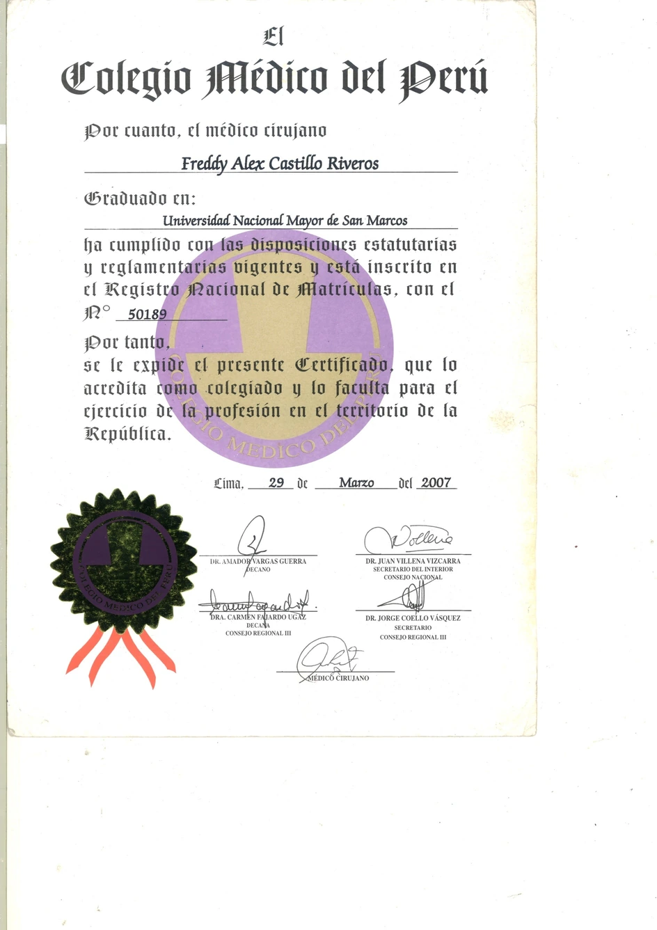Certificación del Colegio Médico del Perú del Dr Freddy Castillo médico cirujano en Lima