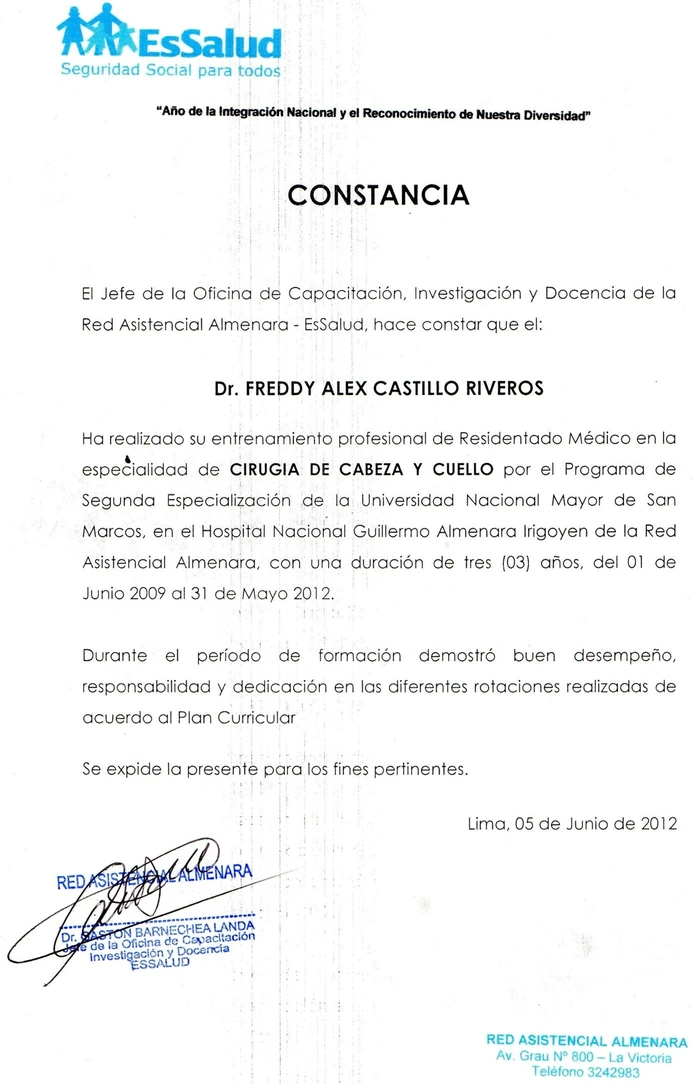 Constancia de residentado en cirugía de cabeza y cuello del Dr Freddy Castillo
