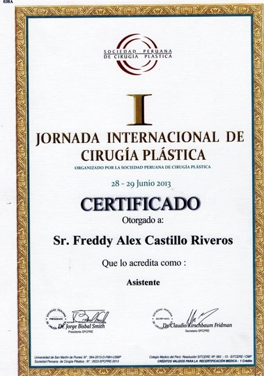Acreditación en jornada internacional de cirugía plástica del Dr Freddy Castillo